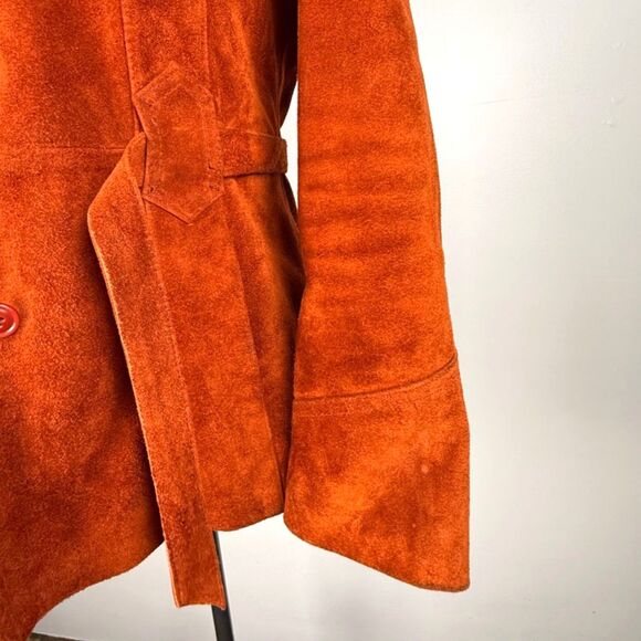 Vintage 70s Rust Suede Leather Jacket | Retro Belted Coat | Made in Korea - Picture 3 of 15